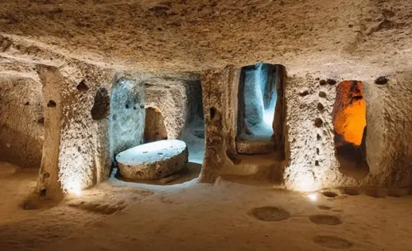 Rolling stone door inside a Cappadocia underground city