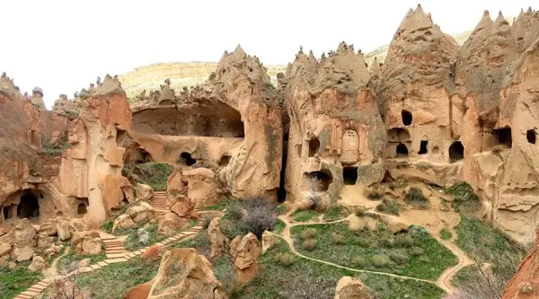 Cave dwellings carved into the cliffs of the Zelve valleys